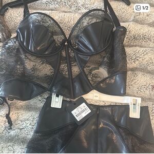 Honey Birdette Shiny Black Lace Ensemble